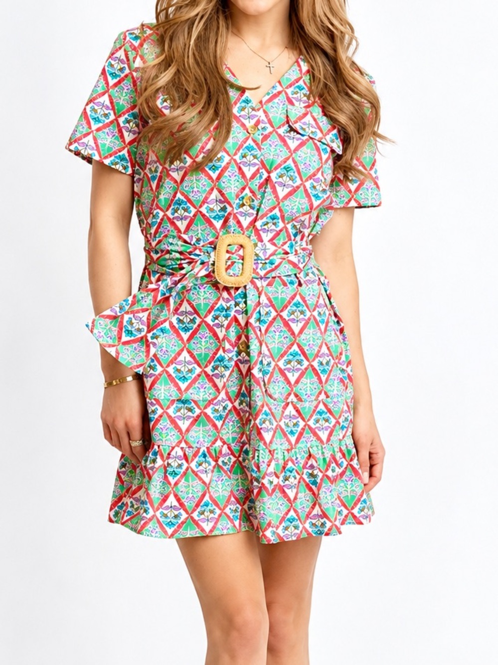 Karlie Naomi Paris Floral Shirt Dress Belted Mini Green Pink Size S NWT